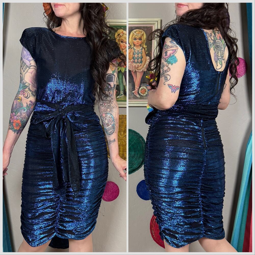 Vintage 1980s Metallic Blue Lurex Ruched Mini Disco Dress - Picture 4 of 6